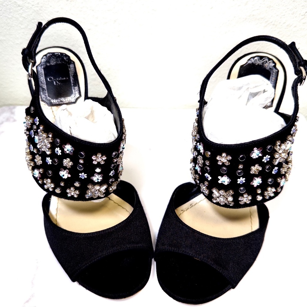 Christian Dior Sequin & Crystal Embellished Open Toe Sandals/Heels (Black)